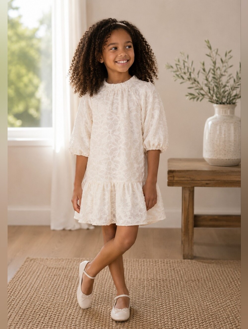 Zara Girls Ivory Textured Drop Waist Dress Size 7 122 Pearl Button Party